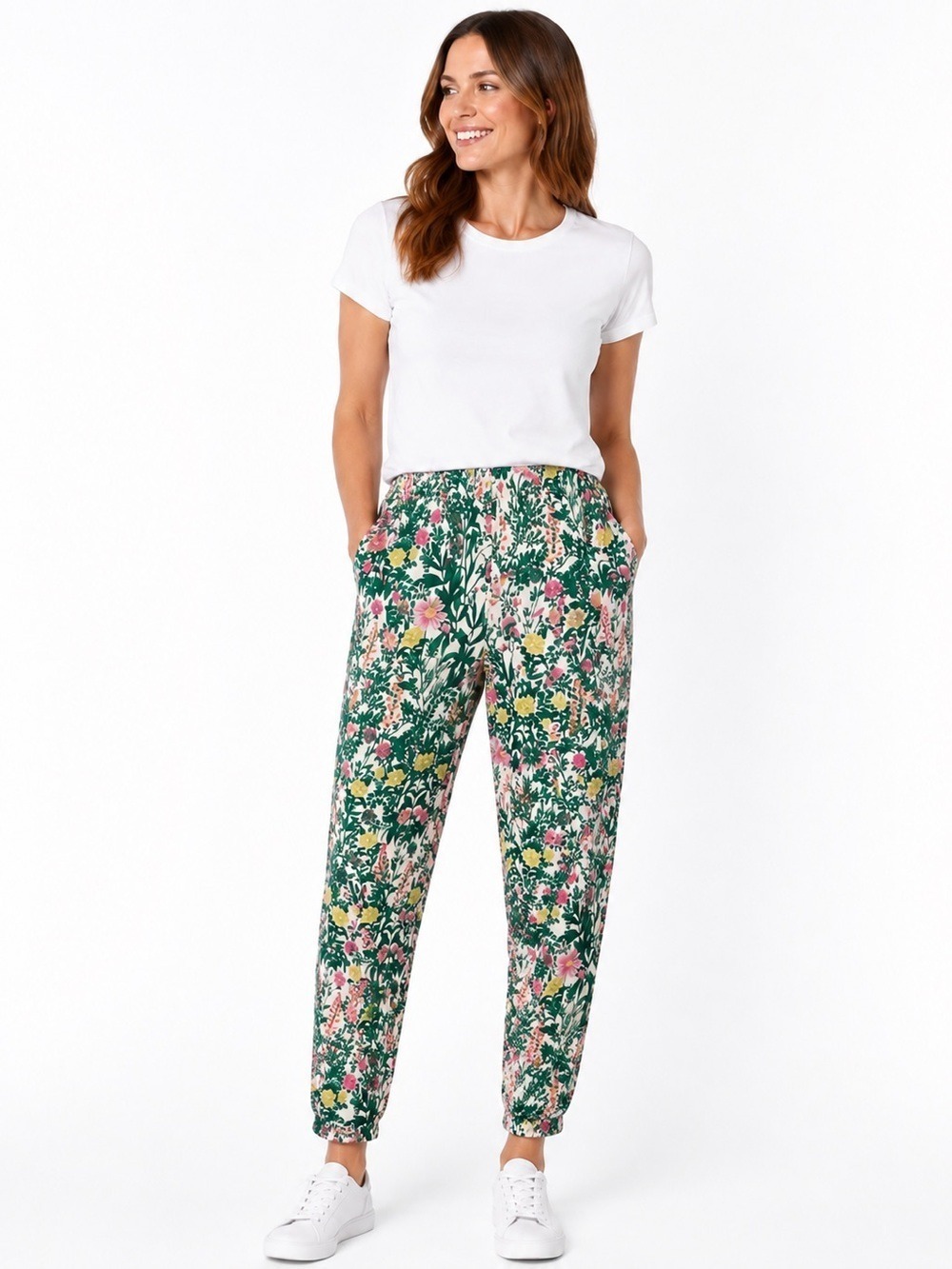 Talbot’s Pants, Size 8, Polished Cotton Floral Print, Green & pink, Colo…